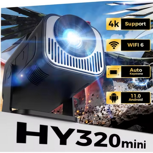 HY320 Mini Projector – 1080P Full HD, 4K Support, 300 ANSI Lumens, Android 11, WiFi 6, Bluetooth 5.0, Portable Smart Projector
