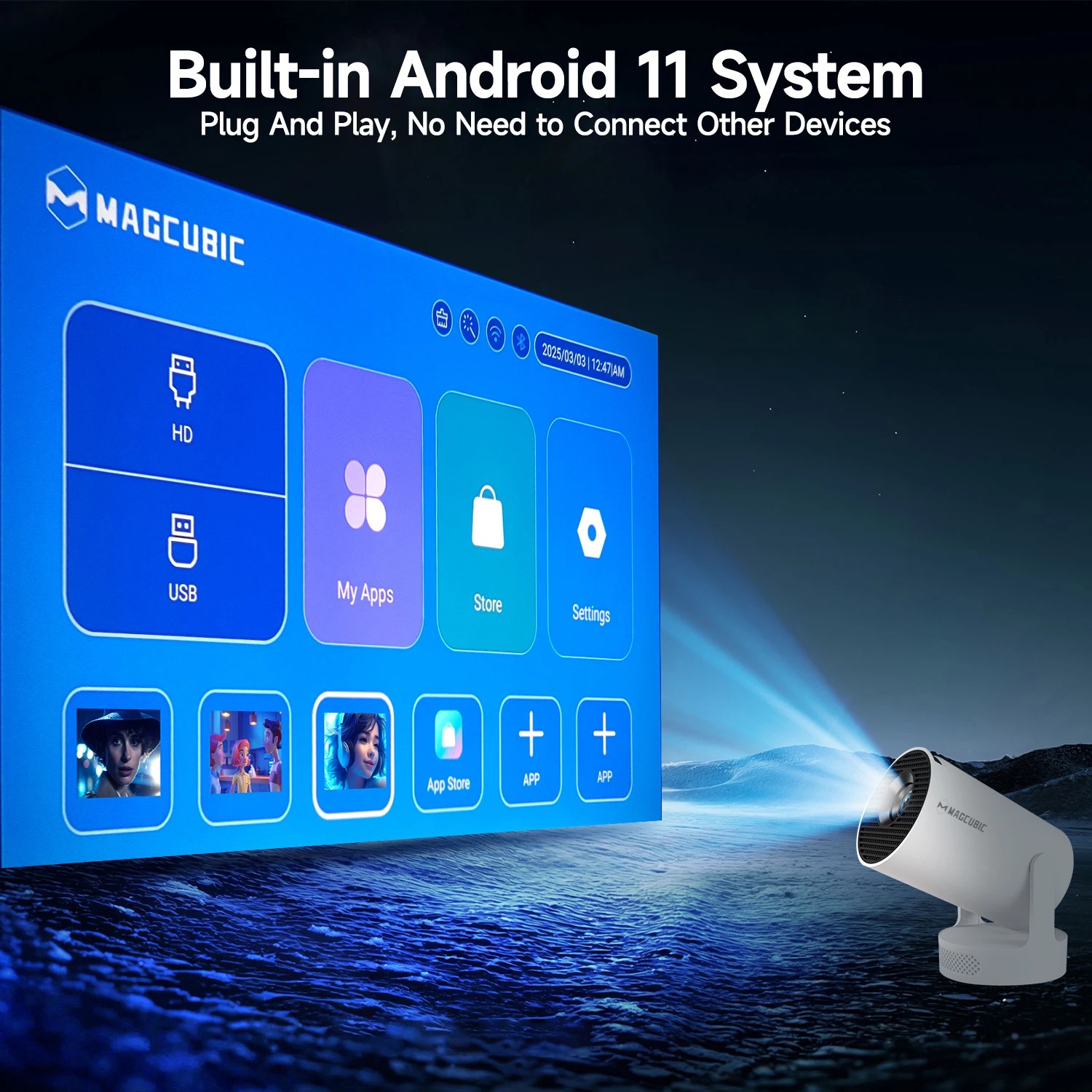 “HY300 Pro+ 4K-Supported Mini Projector with 5 W Speaker — Android 11, WiFi 6 & BT, 8000 Lumens, Built-in Sound”