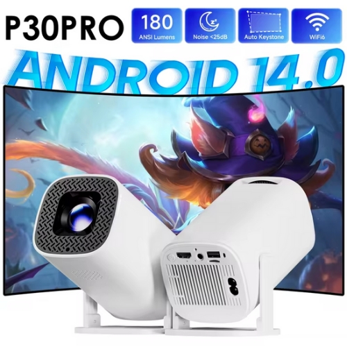 P30 Pro Smart Mini Projector – Android 14, 180 ANSI Lumens, 4K Support, WiFi 6, Bluetooth 5.0, Portable Home Theater