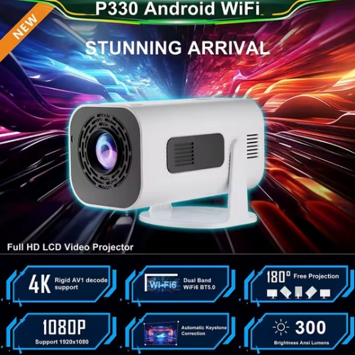 P330 Mini Projector – Android 11, 1080P Full HD, 280-300 ANSI Lumens, WiFi 6 & Bluetooth 5.0, Portable Home Cinema