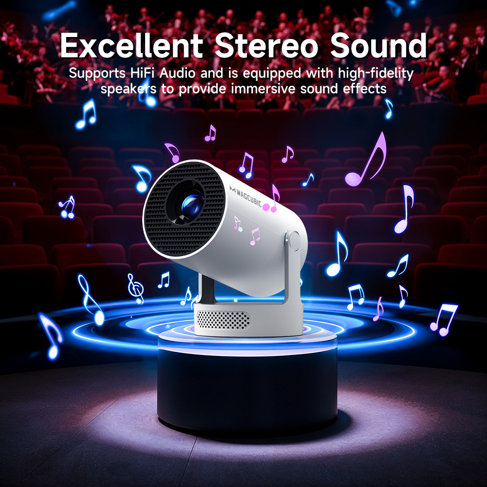 “HY300 Pro+ 4K-Supported Mini Projector with 5 W Speaker — Android 11, WiFi 6 & BT, 8000 Lumens, Built-in Sound”