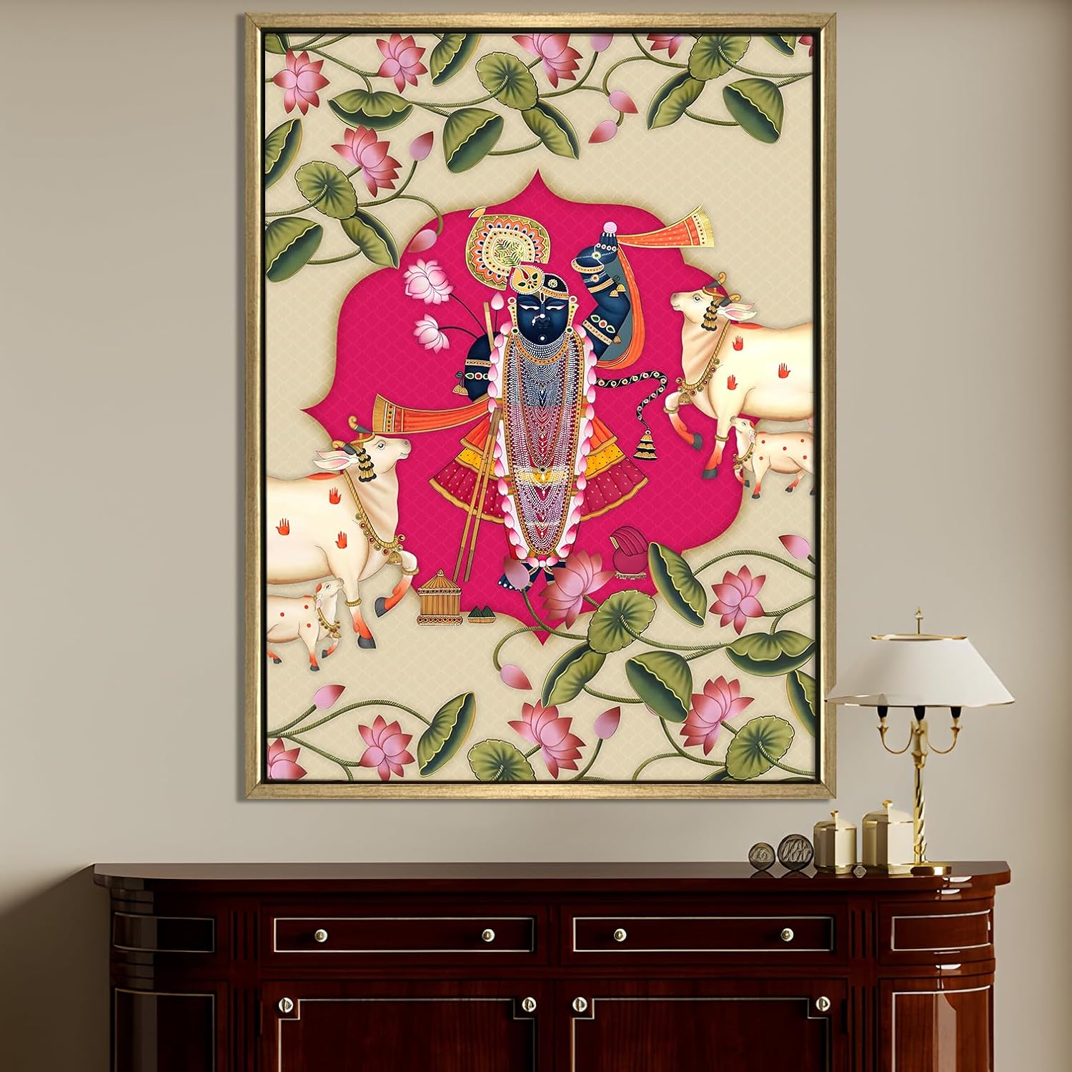 Shreenathji Wall Art – Traditional Pichwai Style Canvas Painting with Golden Frame – Spiritual Krishna Wall Decor for Home & Temple (36 x 48 Inch)