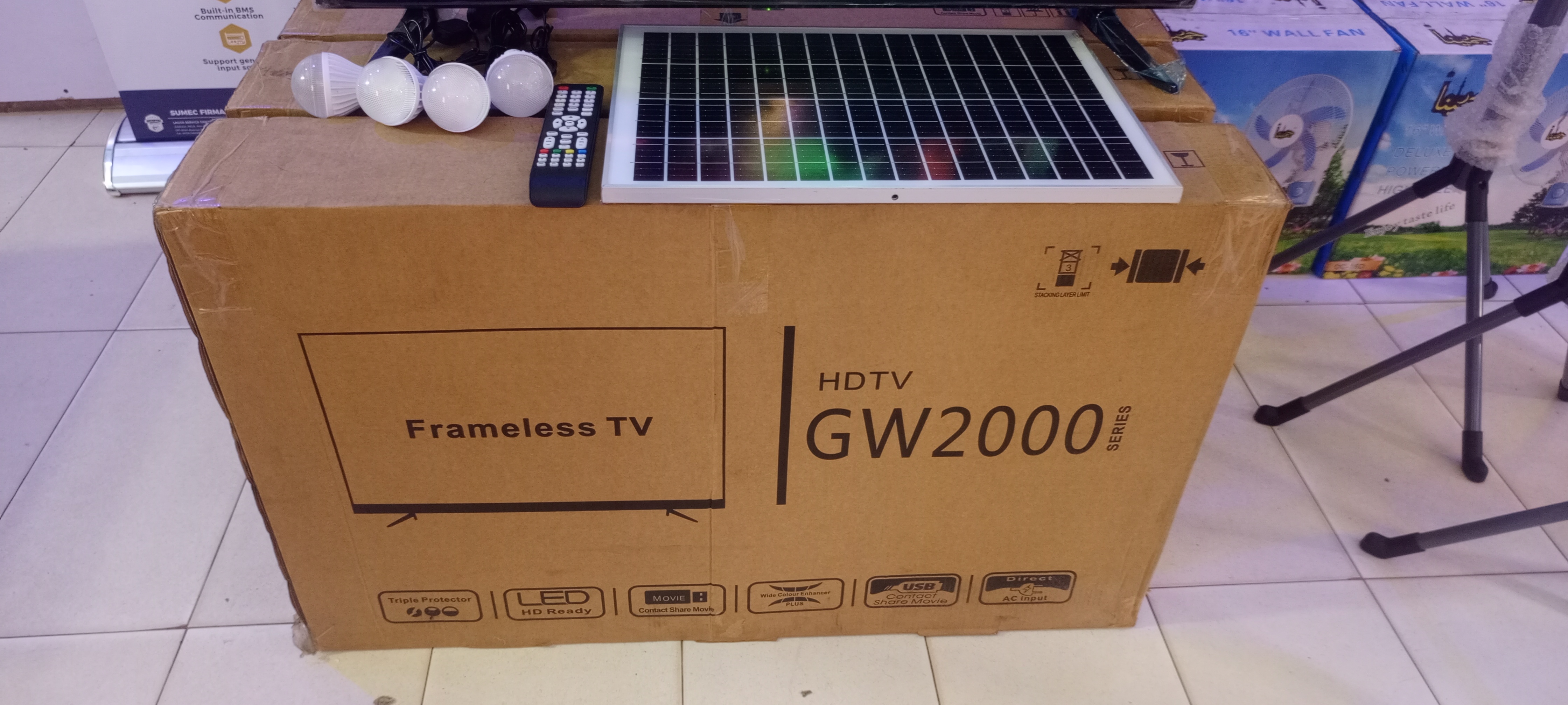 AC/DC Rechaargeable Smart Android Solar TV ,/43"inches" Android HDTV GW2000+ Frameless TV--SPL