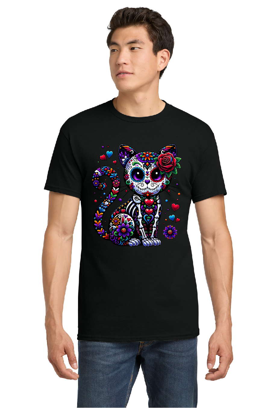 Day of the Dead Cat Graphic T-Shirt - Black t-shirts