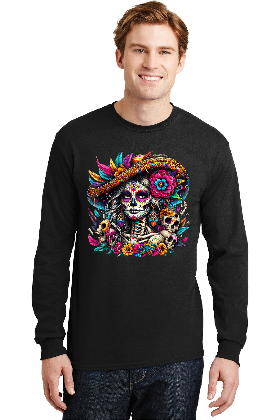 Day of the Dead Catrina with Skulls Long Sleeve T-Shirt Black