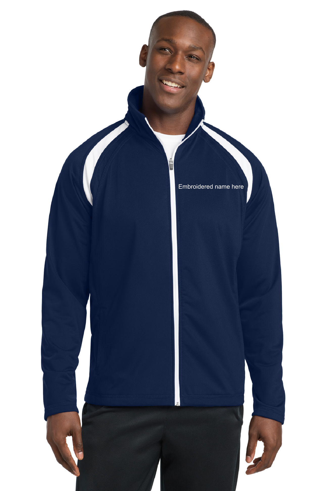 Custom Embroidered Zip-Up Jacket with Hernandez Huskies print on the back - JST90 Navy Blue & White - Sport-Tek
