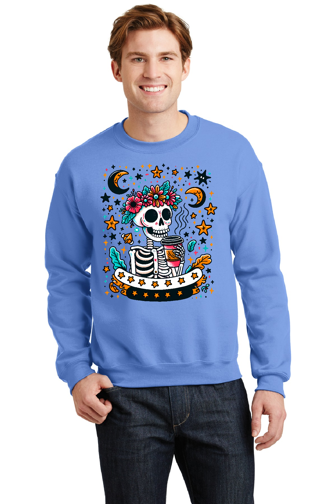 Skelly Drinking Coffee - Carolina Blue Crewneck Gildan 18000
