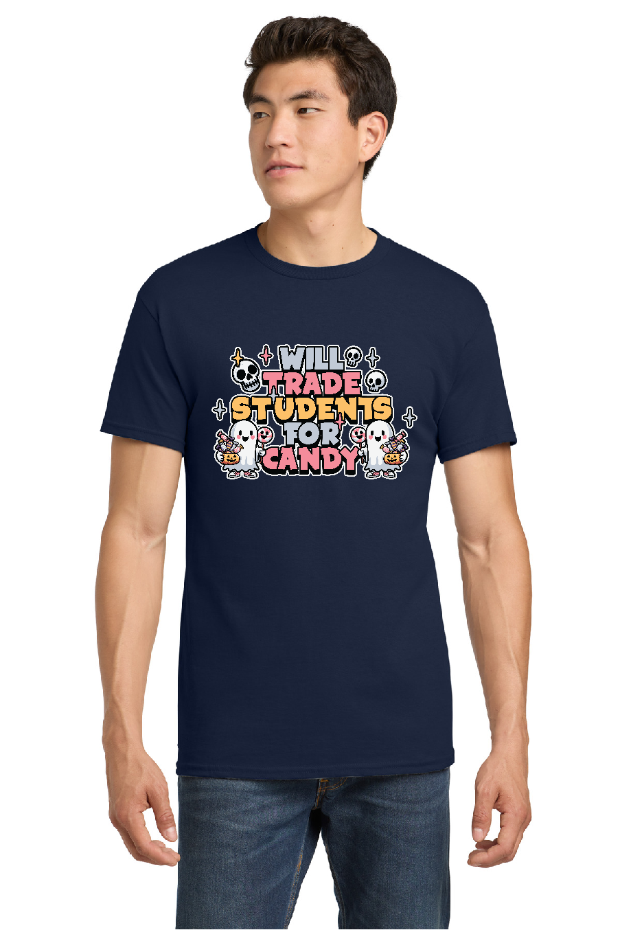 Teacher T-Shirt - Will Trade Students for Candy - Navy Blue