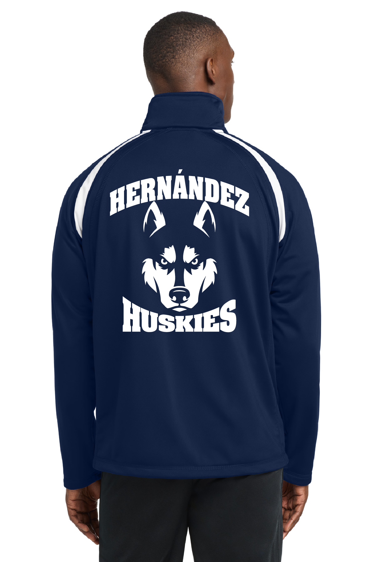Custom Embroidered Zip-Up Jacket with Hernandez Huskies print on the back - JST90 Navy Blue & White - Sport-Tek
