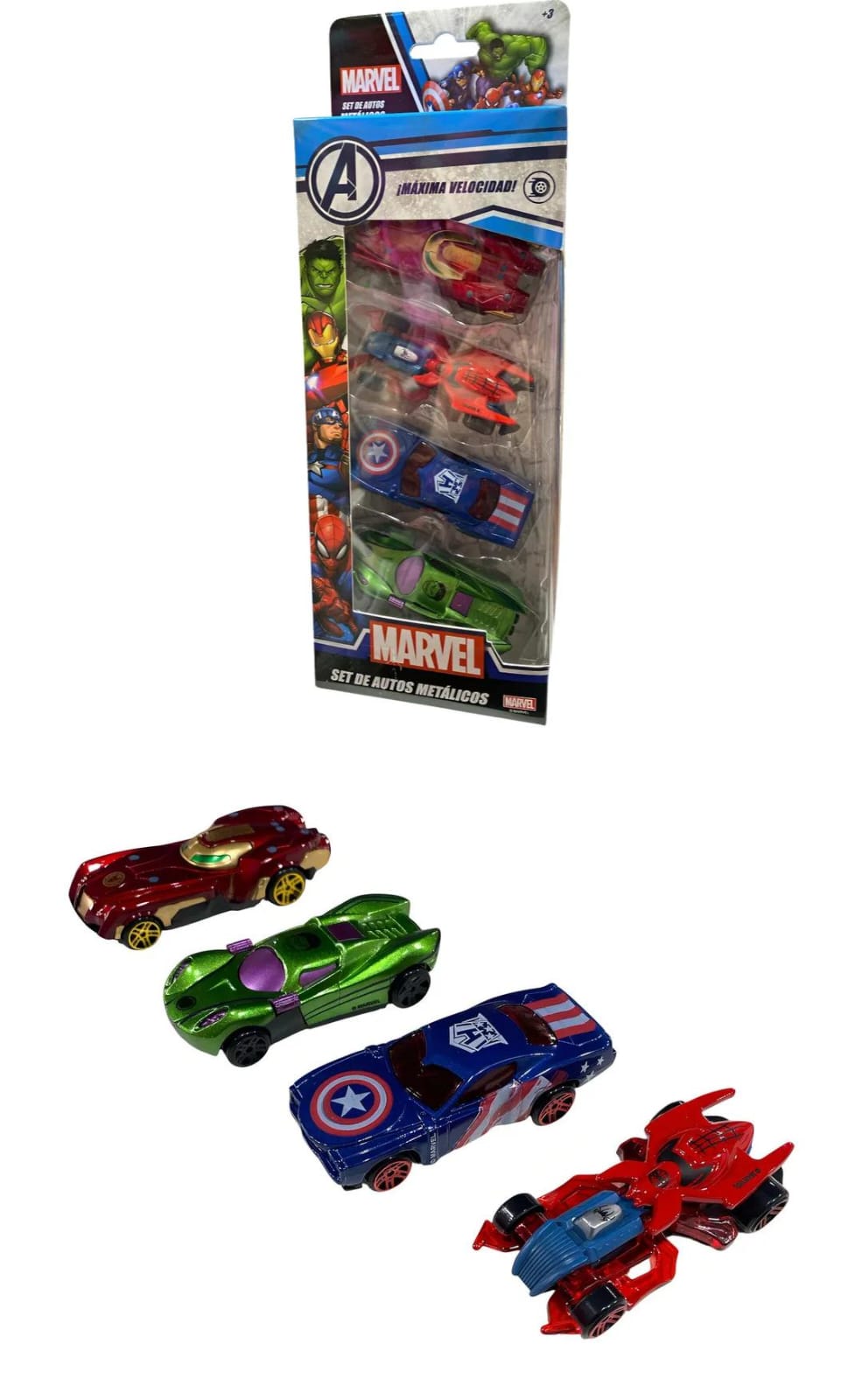 AUTITOS METALICOS AVENGERS X3 SPIDERMAN - CAPITAN AMERICA - IRONMAN - HULK