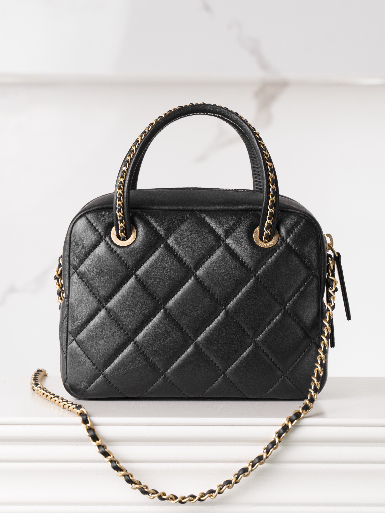 Chanel 25C Bowling Bag Black Quilted Leather Handbag