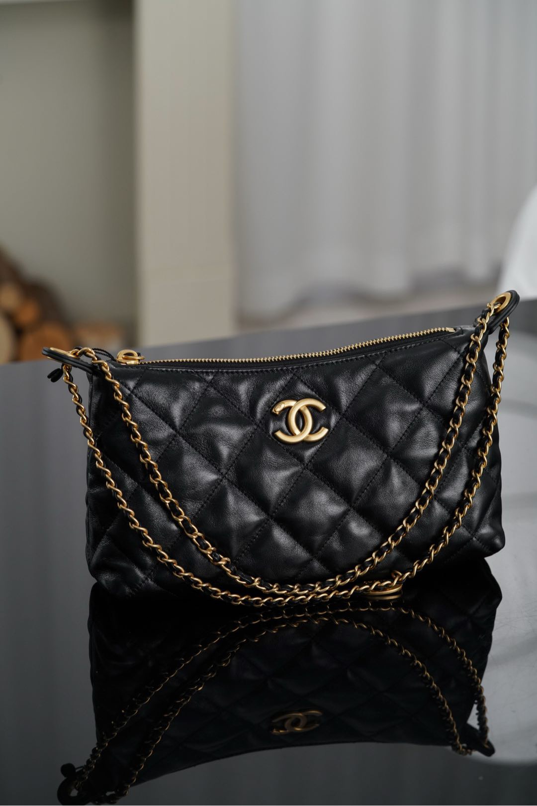 Chanel 25S Small Black Coin Hobo Bag | Glazed Lambskin