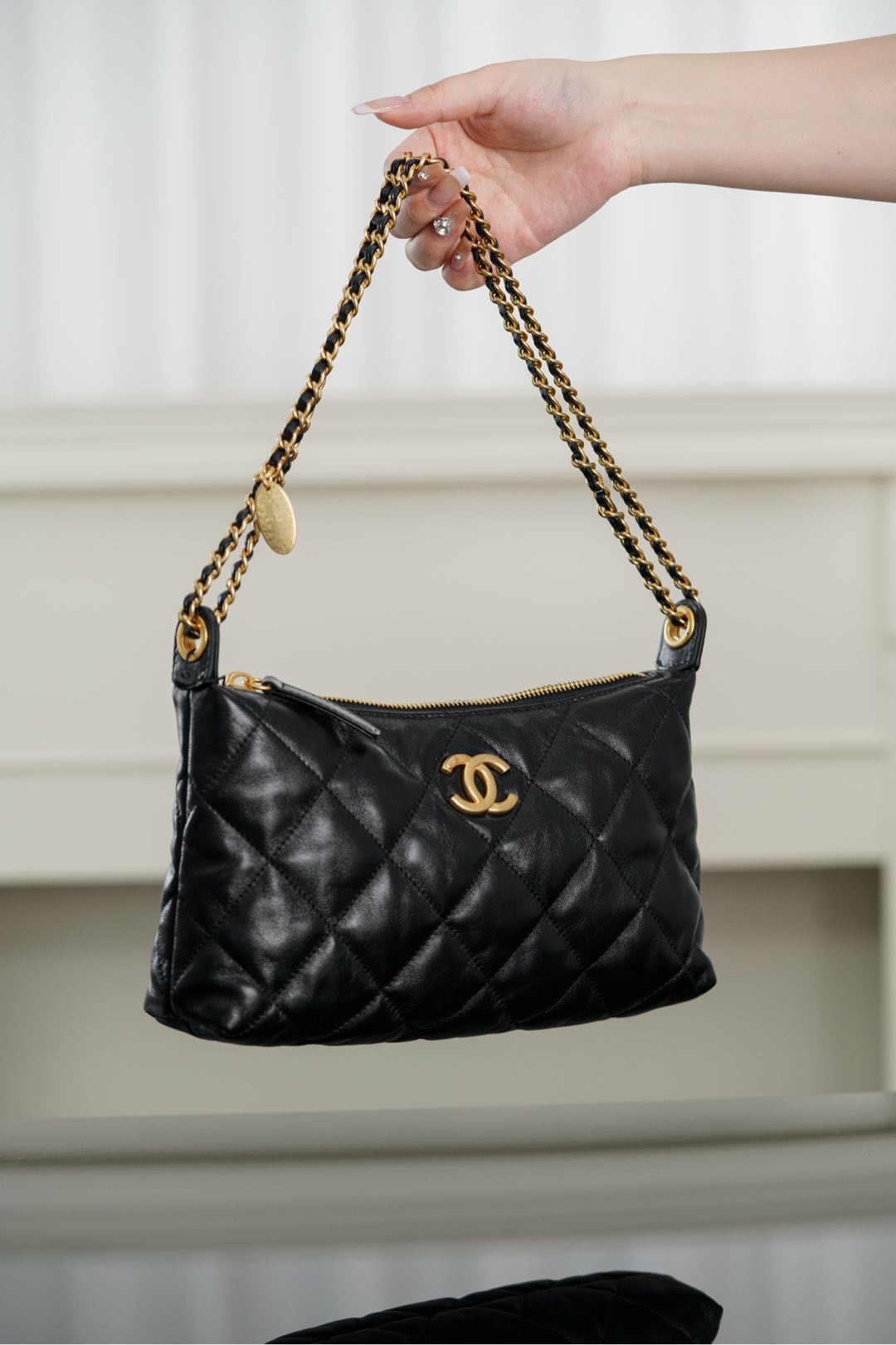 Chanel 25S Small Black Coin Hobo Bag | Glazed Lambskin