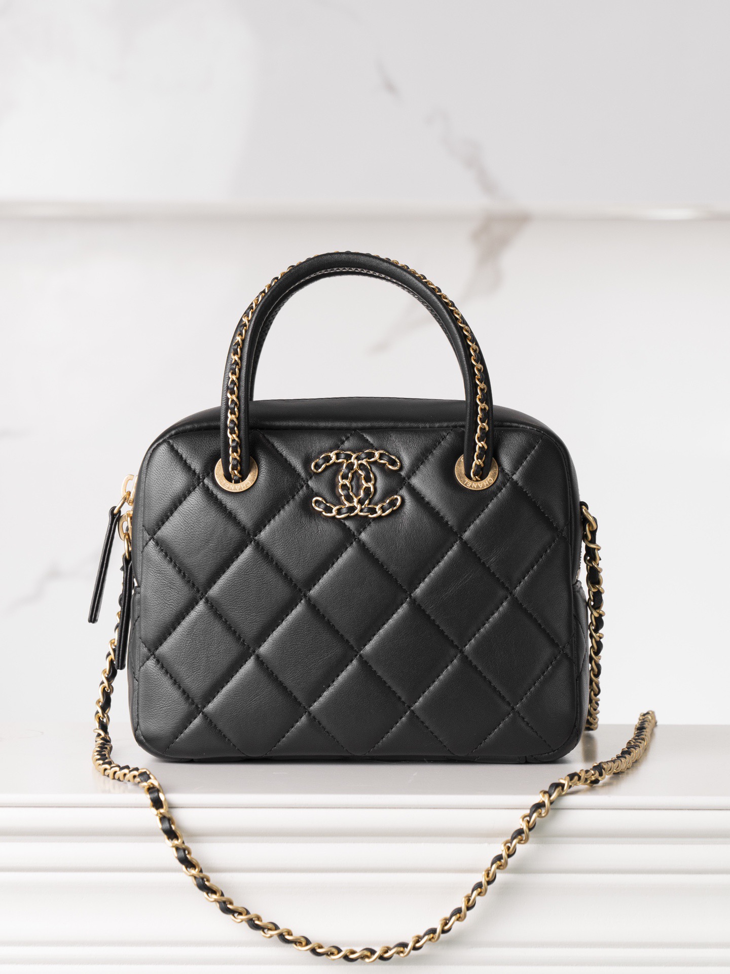 Chanel 25C Bowling Bag Black Quilted Leather Handbag
