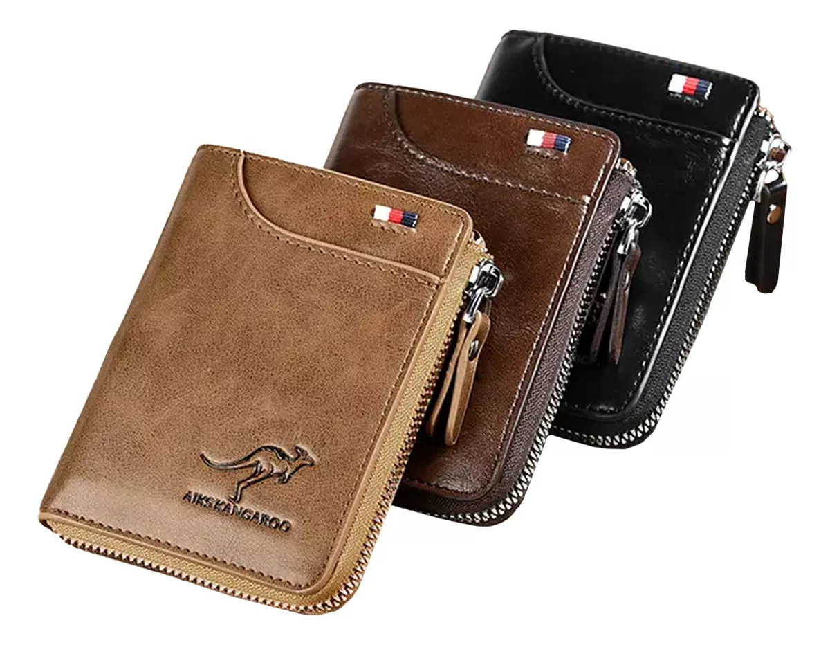 Carteira Masculina de Couro PU com zíper e proteção RFID