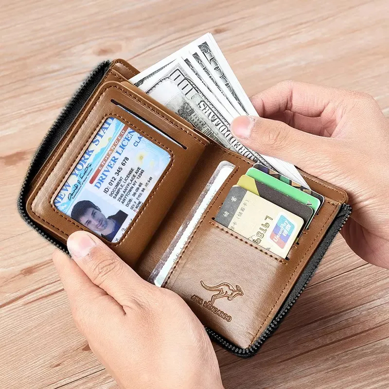 Carteira Masculina de Couro PU com zíper e proteção RFID