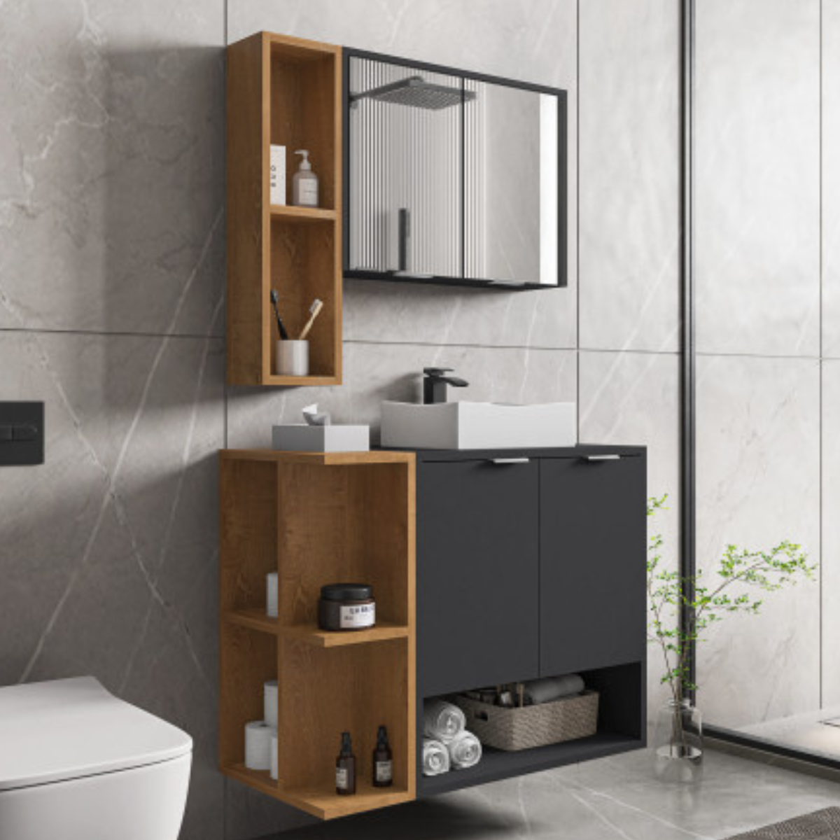 Conj Banheiro Gabinete Ibiza Preto Fosco Naturalle - DDCOFT856870