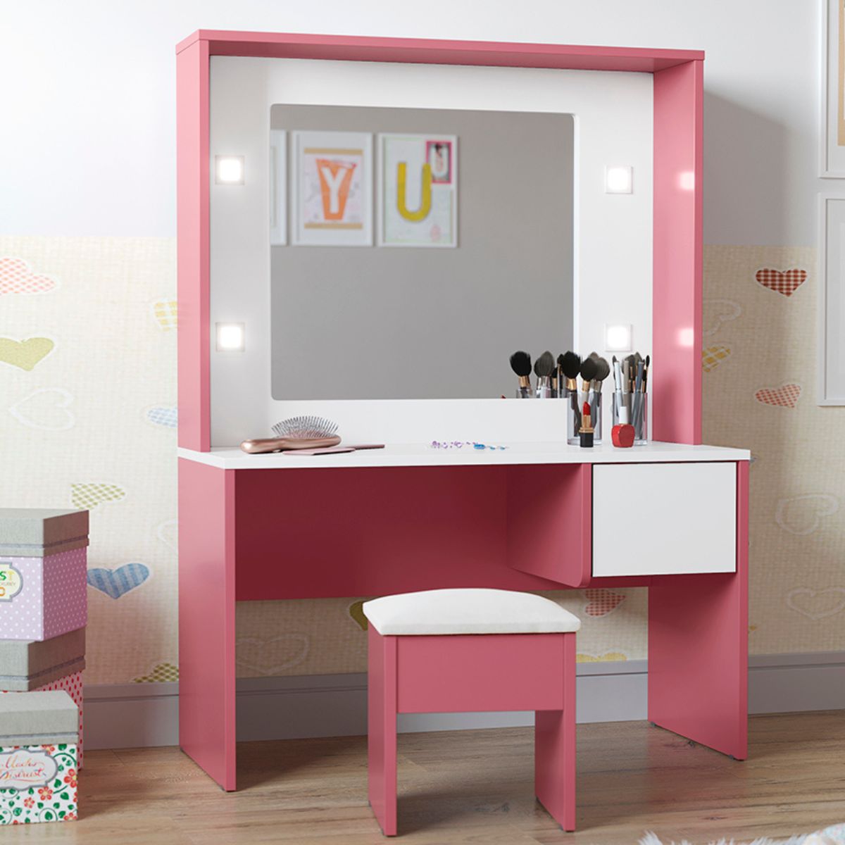 Penteadeira Infantil Diana Led e Banqueta Branco Rosa - DDCOFT317924