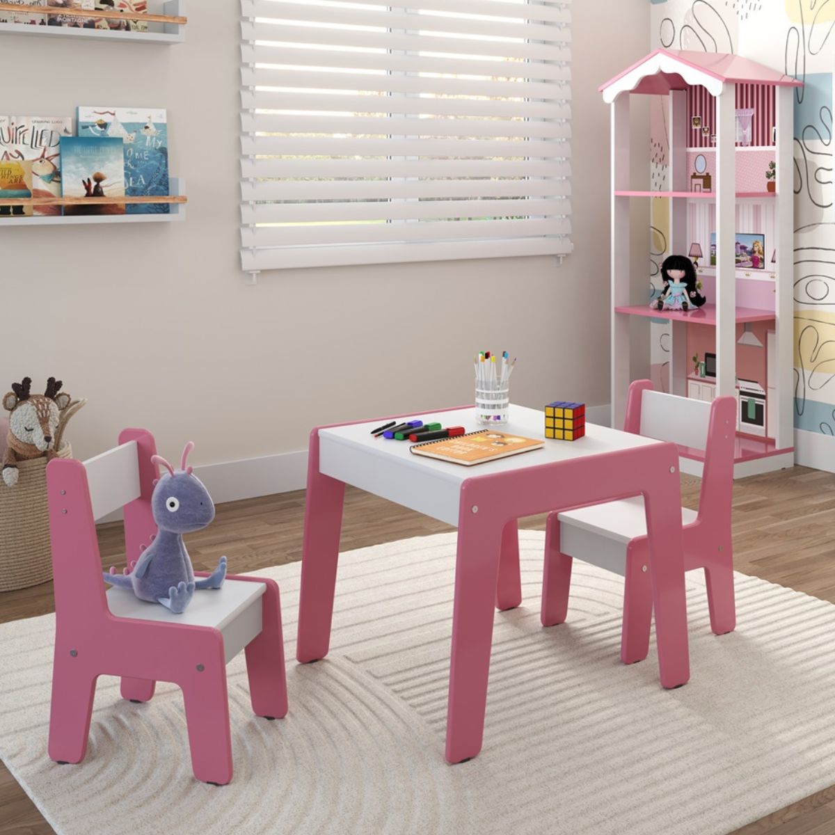 Conjunto de Mesa Infantil com 2 Cadeiras Diana Branco Rosa - DDCOFT318587