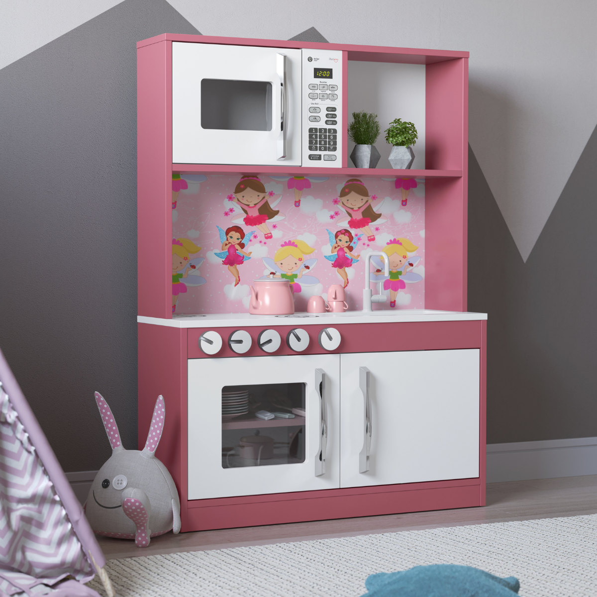 Cozinha Infantil Diana em MDF Branco Rosa - DDCOFT308892