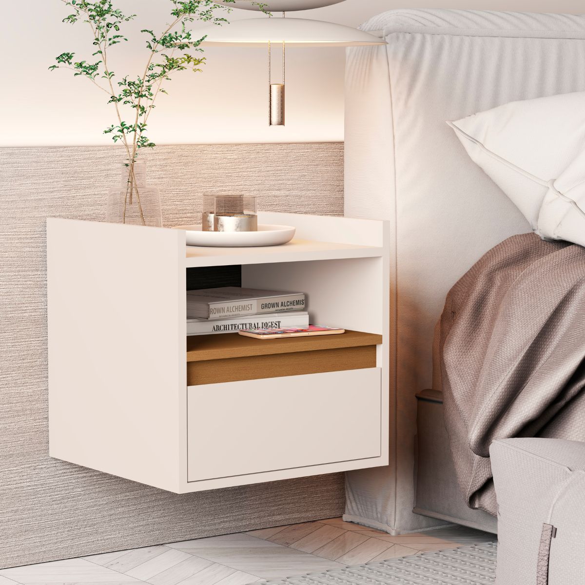 Mesa Cabeceira Suspensa Minerva Off White Nature - DDCSAL807