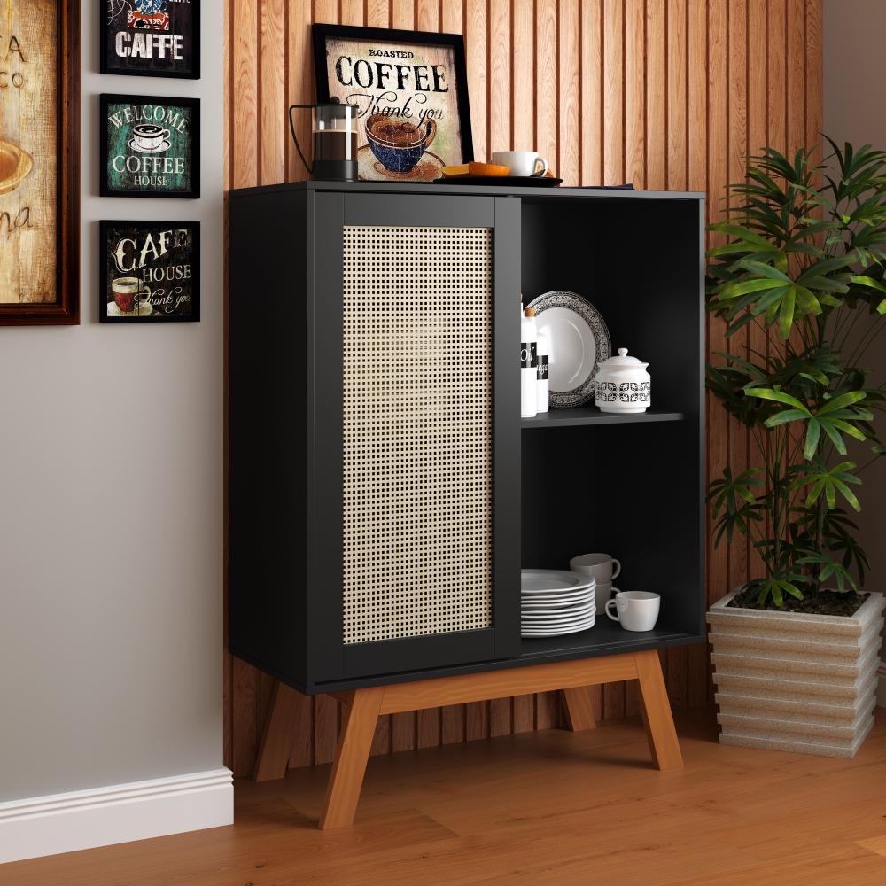Aparador Buffet Rattan pés em Madeira Preto - DDCOFT305921
