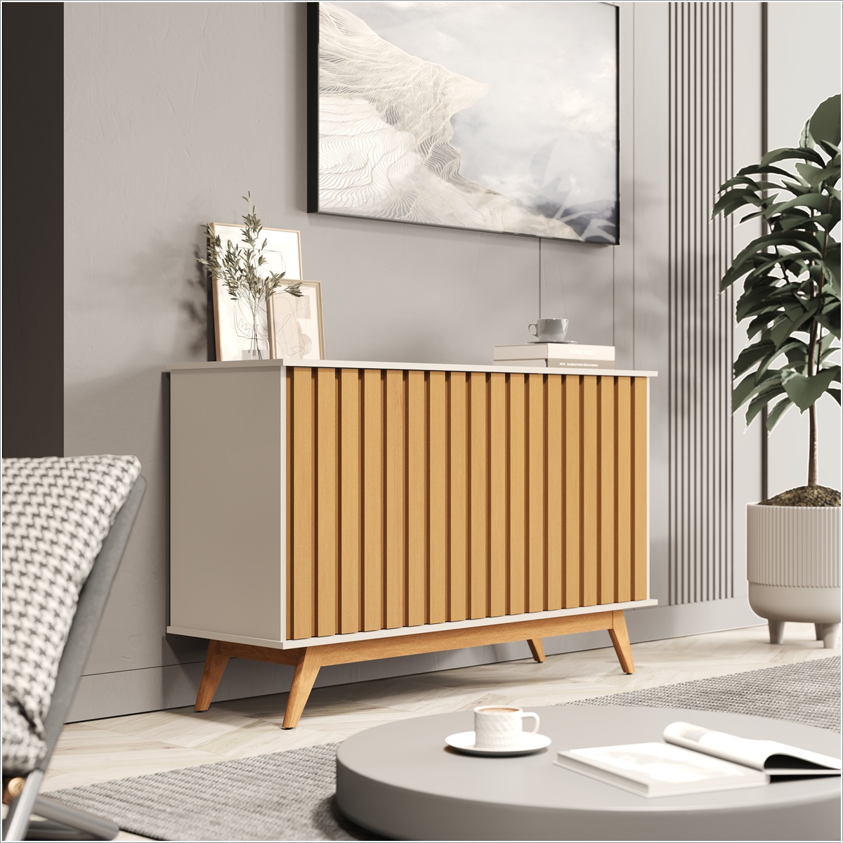Balcao Buffet 3 portas Ripado 1,36 Juēara Off White Nature - DDCOFT319799