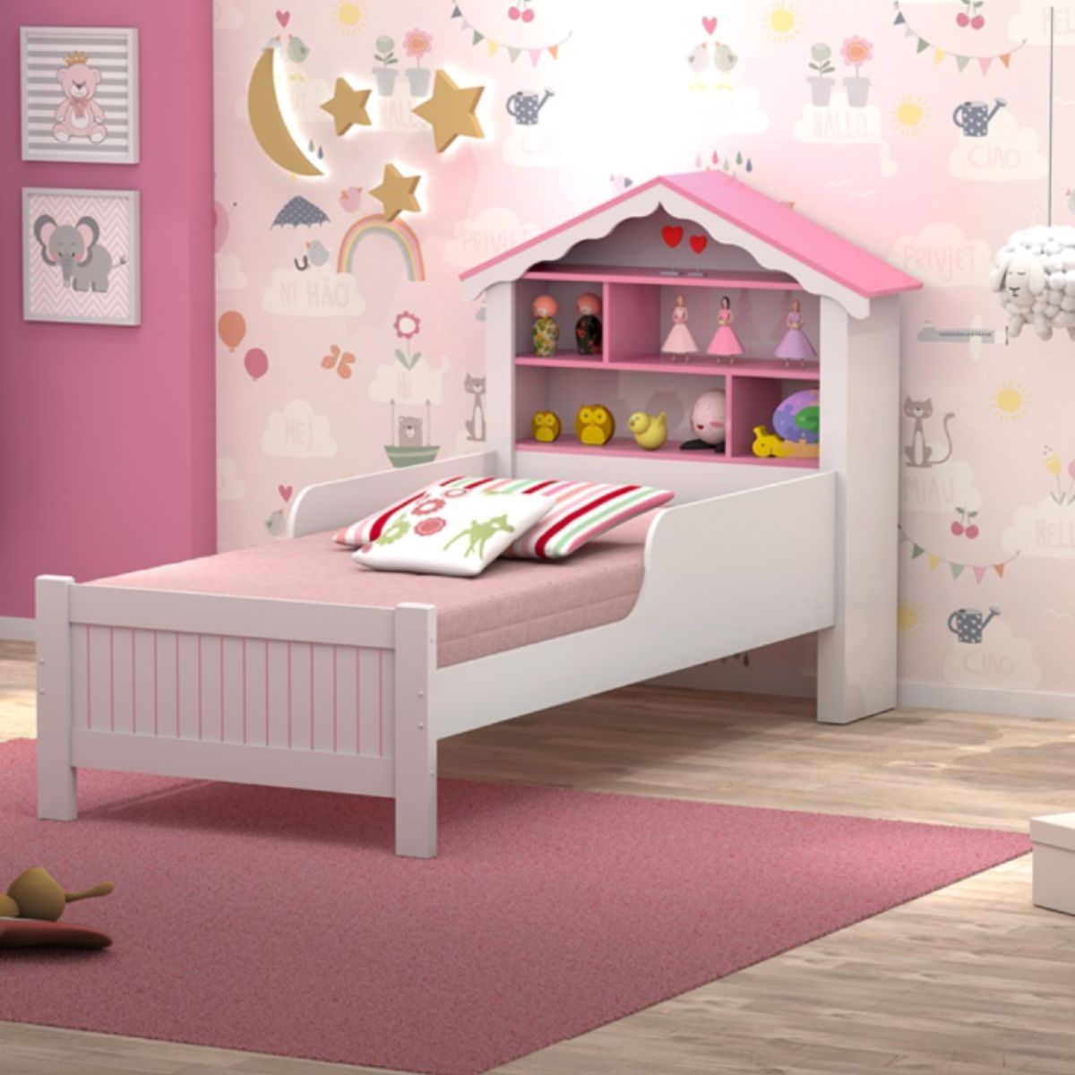 Cama Solteiro Casa Princesa Branco Rosa - DDCOFT316668