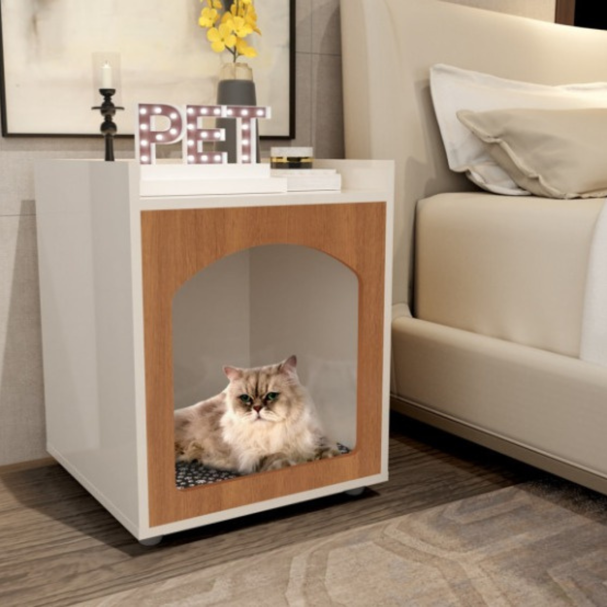 Mesa Cabeceira Casinha de Cachorro Gato PET Off White Freijo - DDCOFT300551
