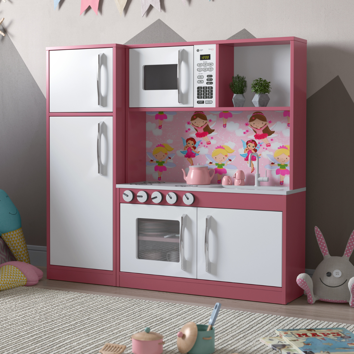 Cozinha Infantil com Refrigerador Diana em MDF Branco Rosa - DDCOFT308885