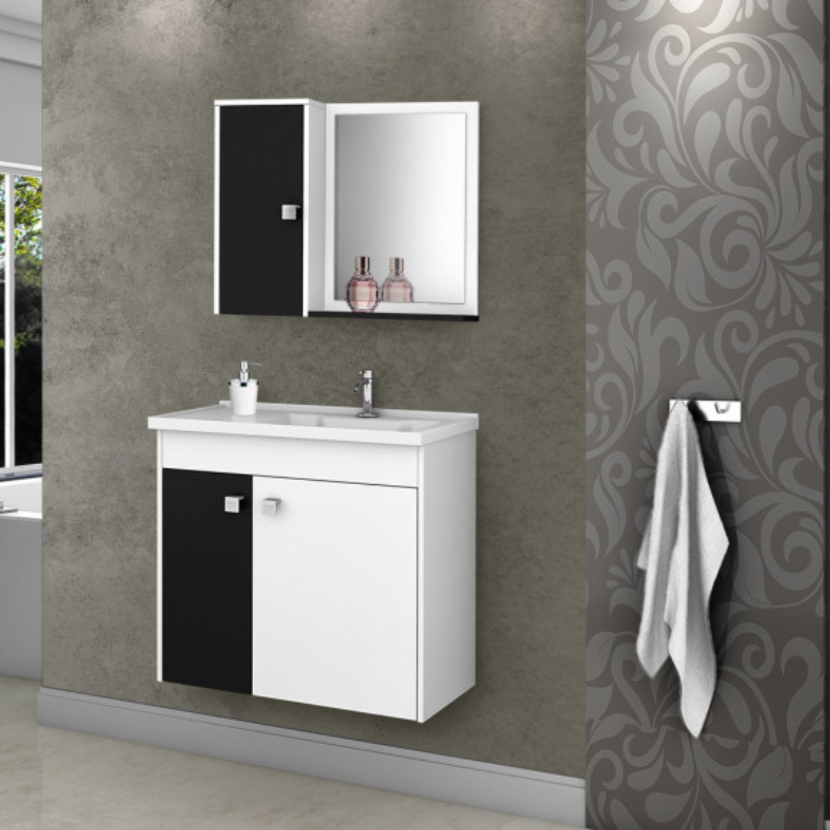 Conj Gabinete Munique Banheiro Branco Preto Fosco - DDCOFT832423