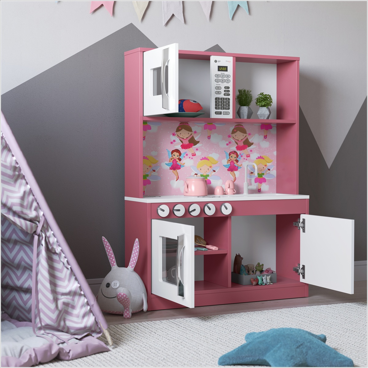Cozinha Infantil Diana em MDF Branco Rosa - DDCOFT308892