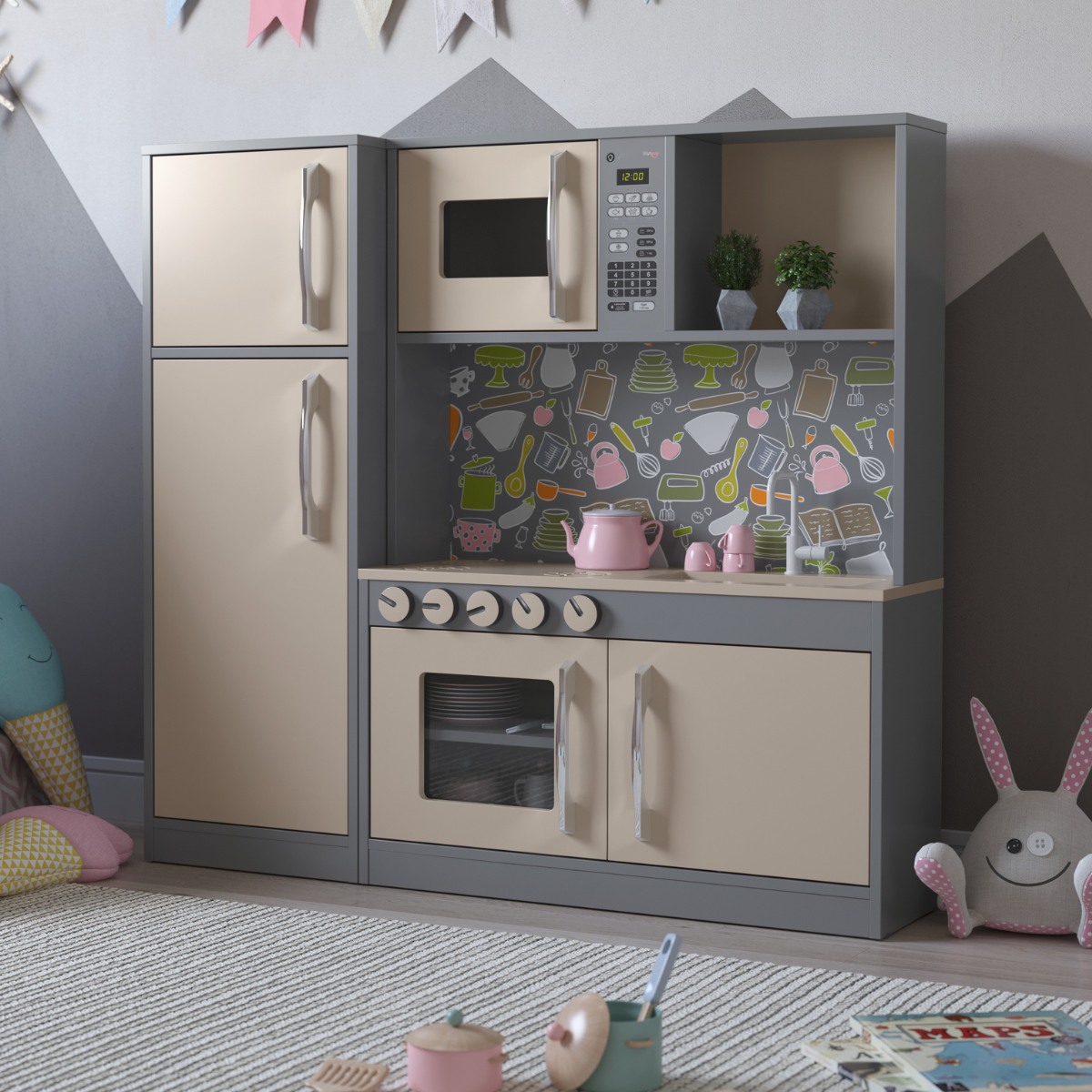 Cozinha Infantil com Refrigerador Diana em MDF Cinza Connect - DDCOFT315111