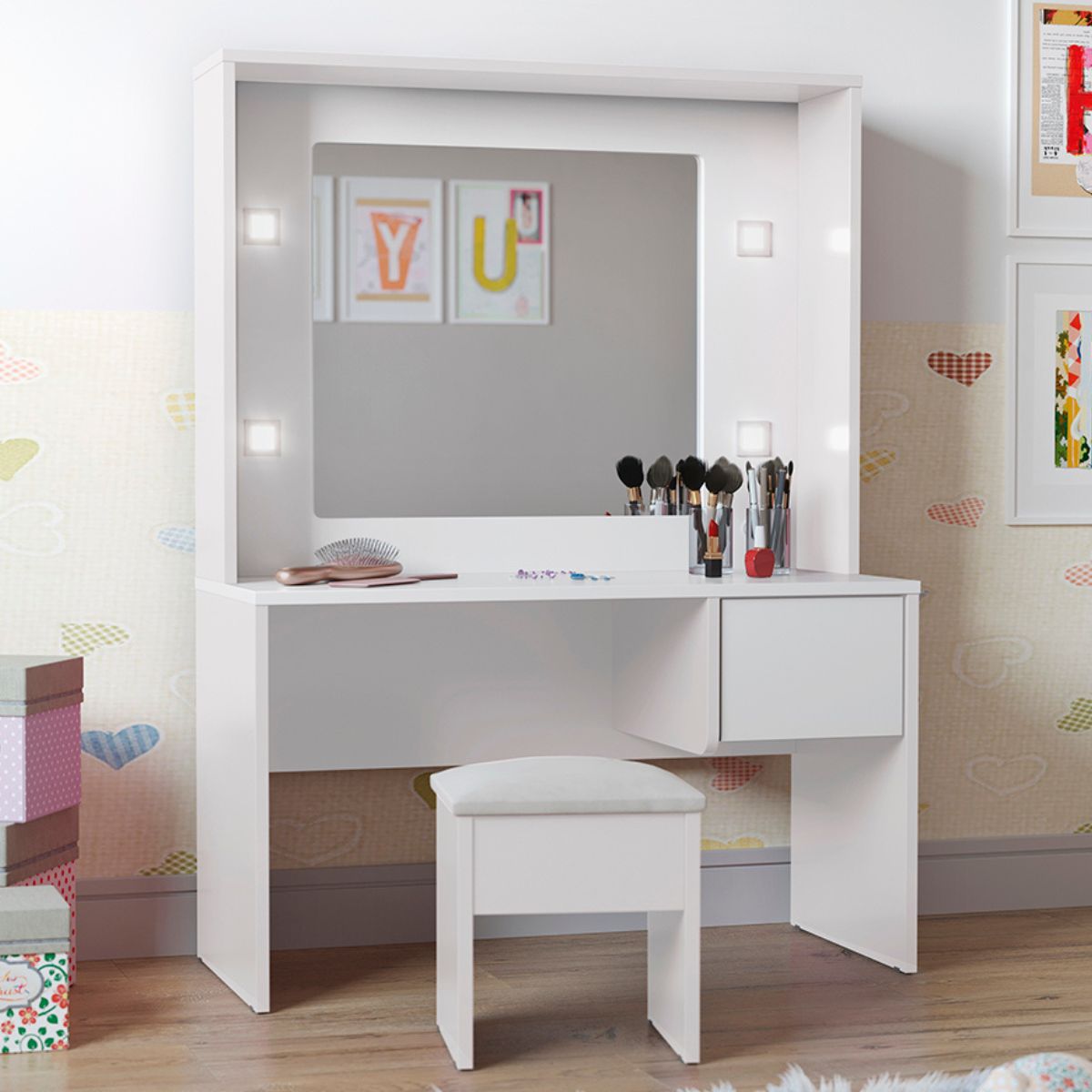 Penteadeira Infantil Diana Led e Banqueta Branco - DDCOFT317917