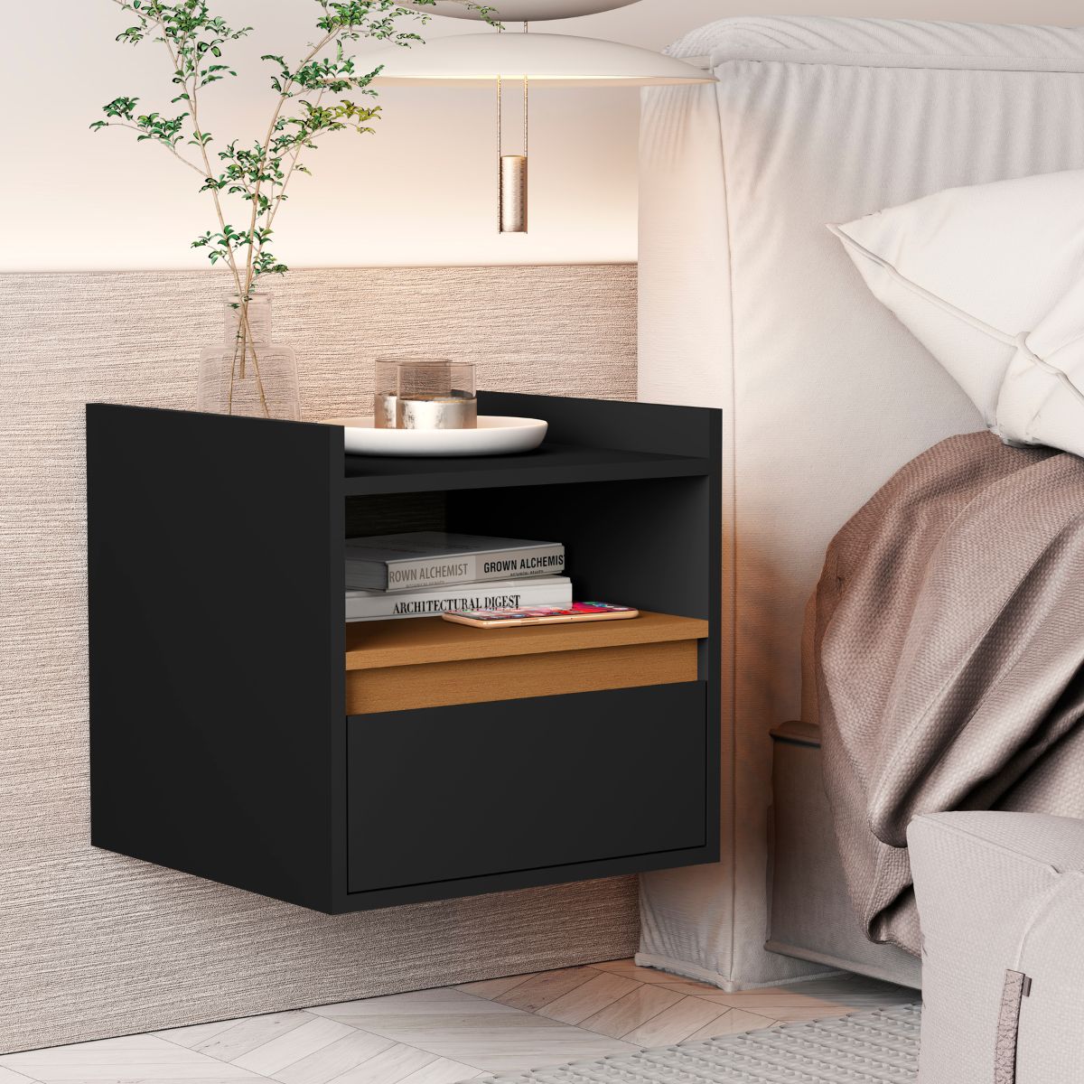 Mesa Cabeceira Suspensa Minerva Preto Nature - DDCSAL811