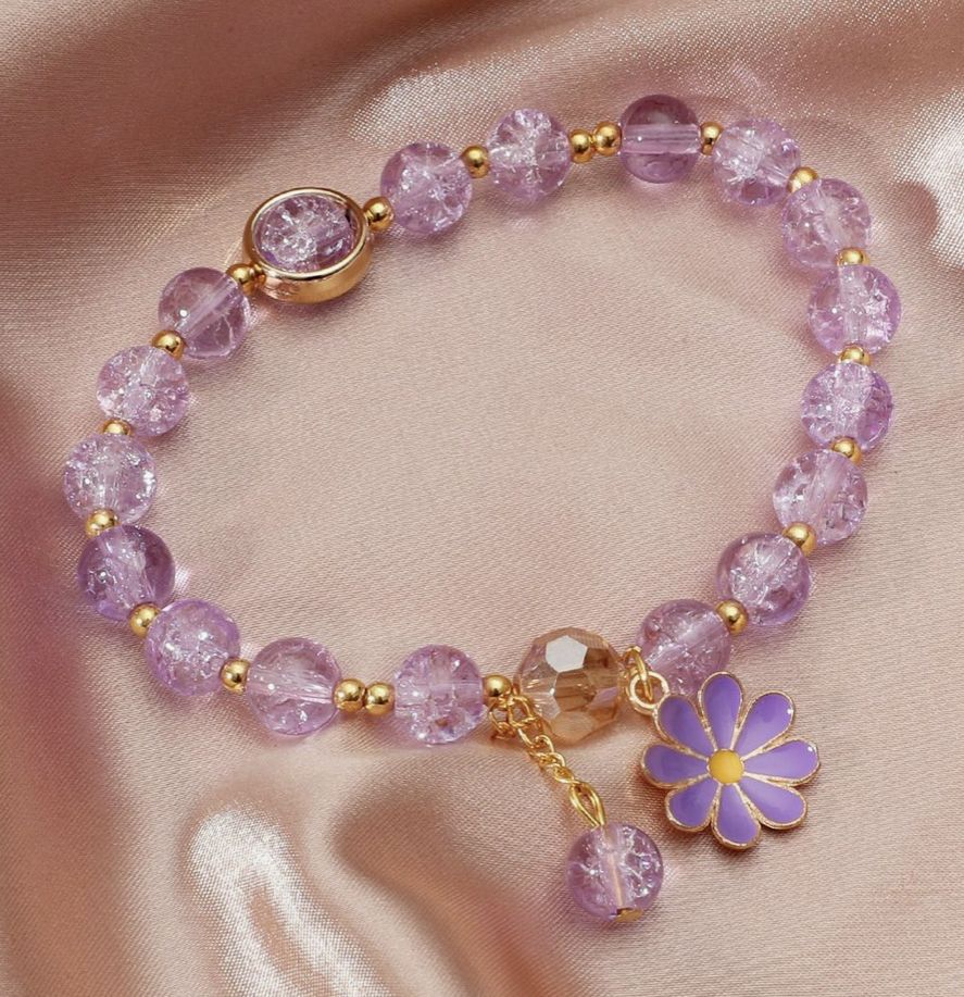 Purple Beaded Flower Charm Bracelet