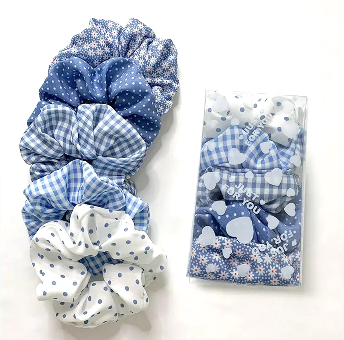 Blue Patterned Hair Scrunchies Set