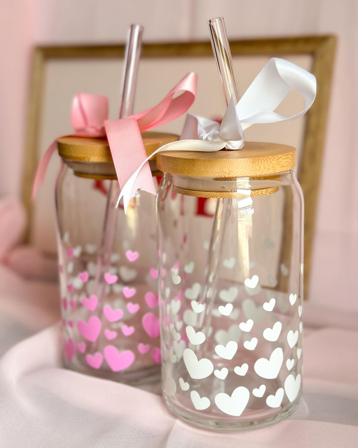 Heart Pattern Glass Jar with Straw