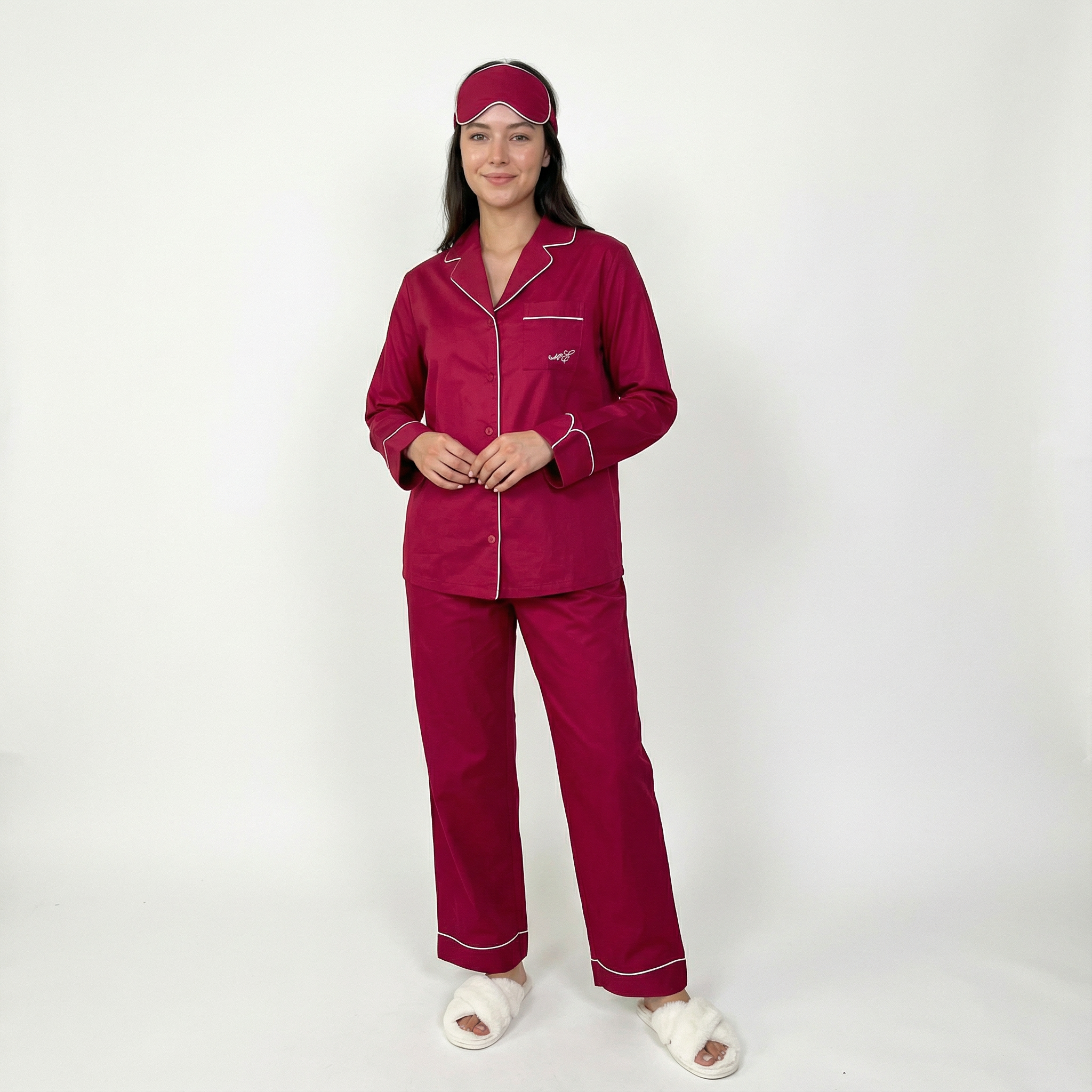 Burgundy Cotton Sateen Long Sleeve Pyjama Set