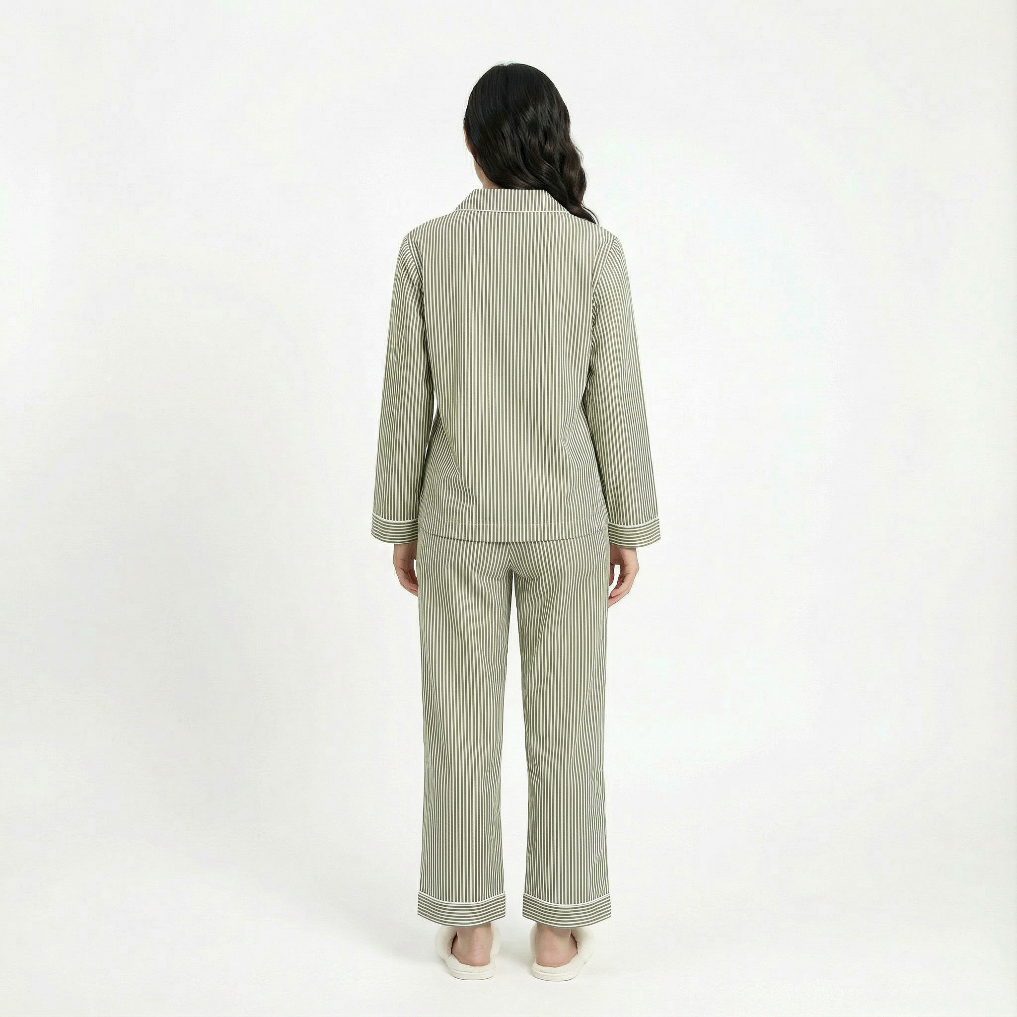 Green Striped Cotton Long Sleeve Pyjama Set