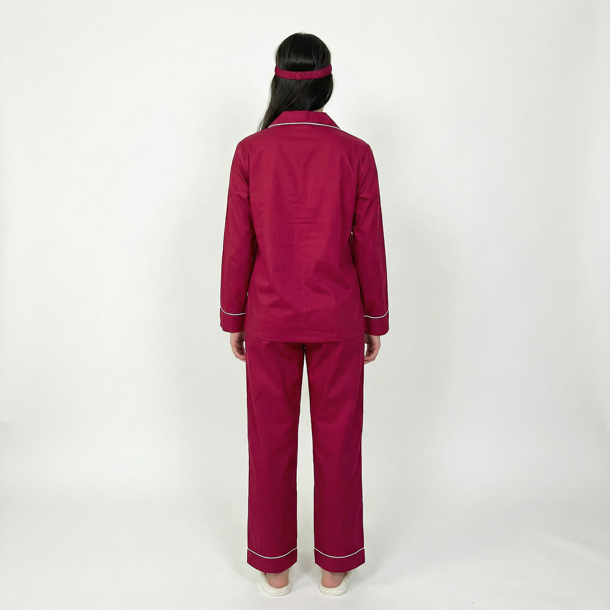Burgundy Cotton Sateen Long Sleeve Pyjama Set