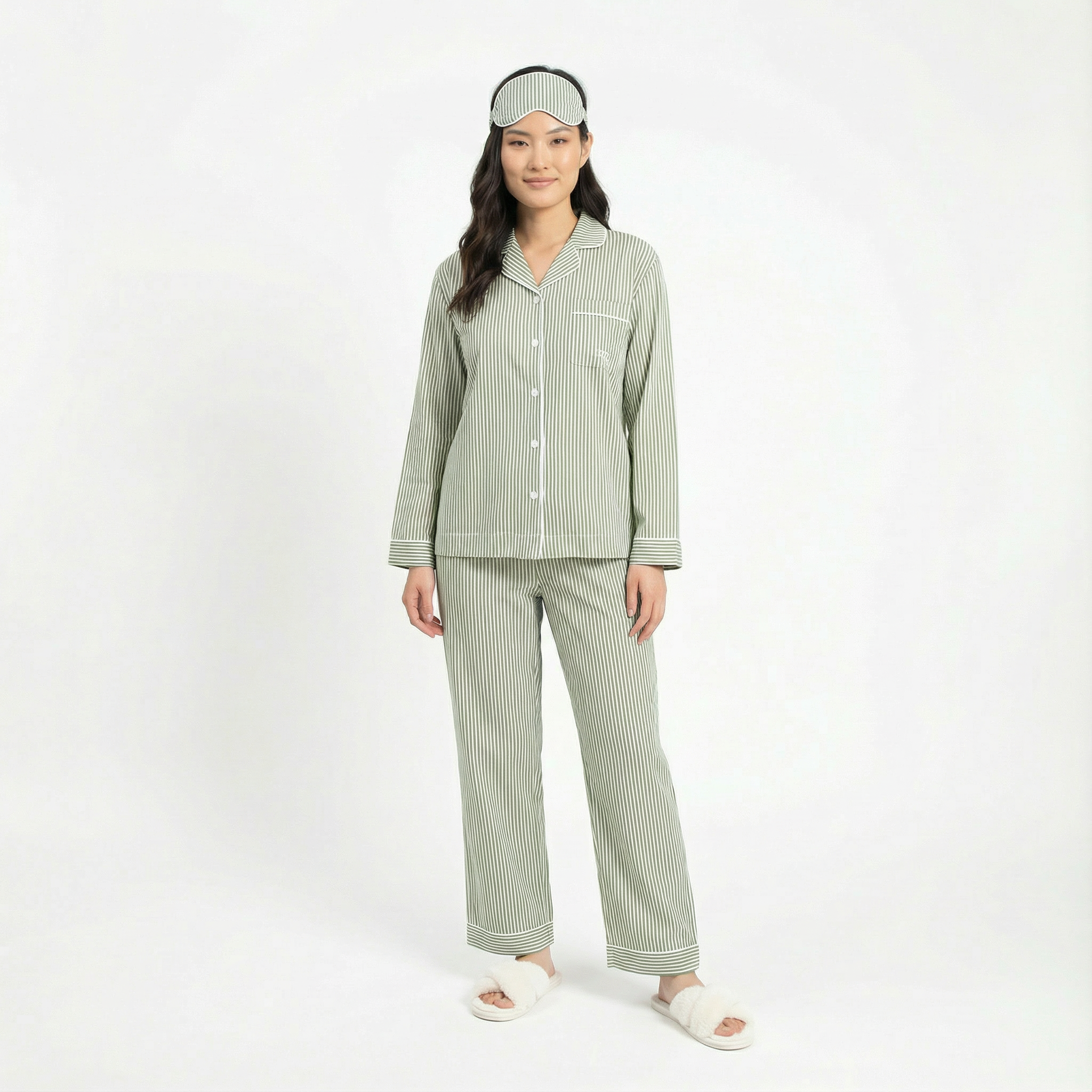 Green Striped Cotton Long Sleeve Pyjama Set