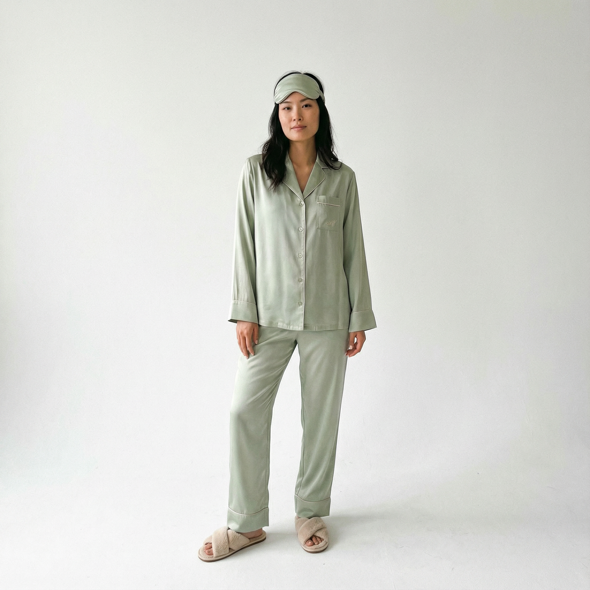 Sage Green Bamboo Sateen Long Sleeve Pyjama Set