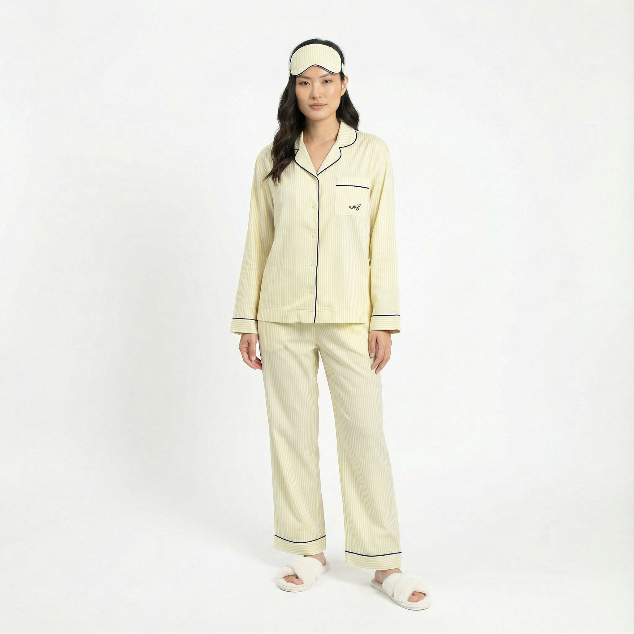 Yellow Striped Cotton Long Sleeve Pyjama Set