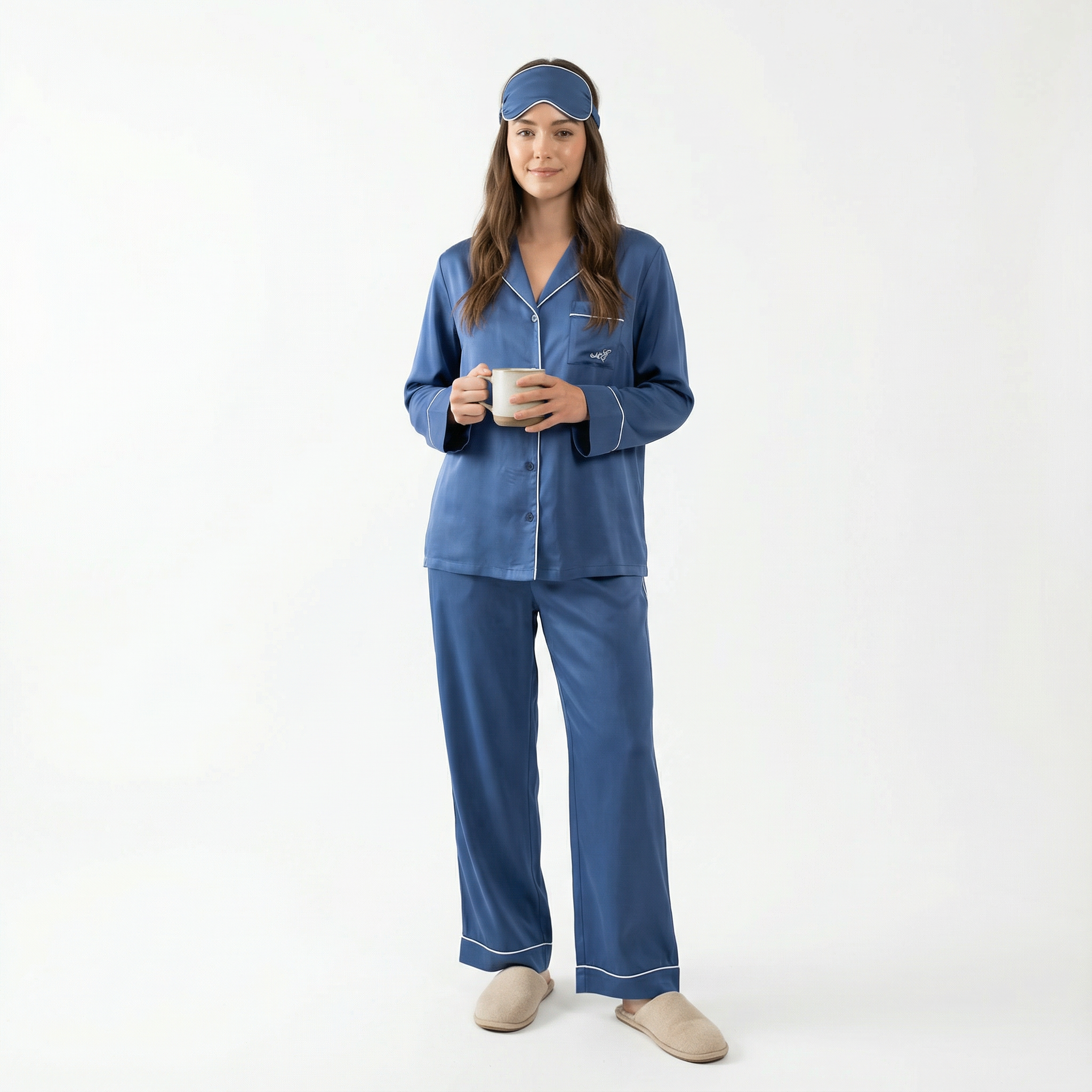 Blue Bamboo Sateen Long Sleeve Pyjama Set