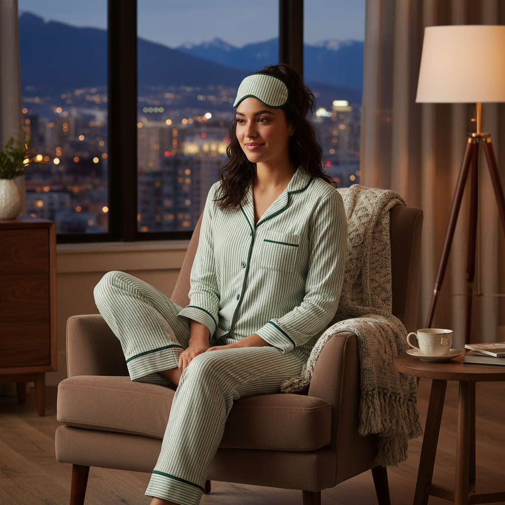 Green Striped Cotton Long Sleeve Pyjamas