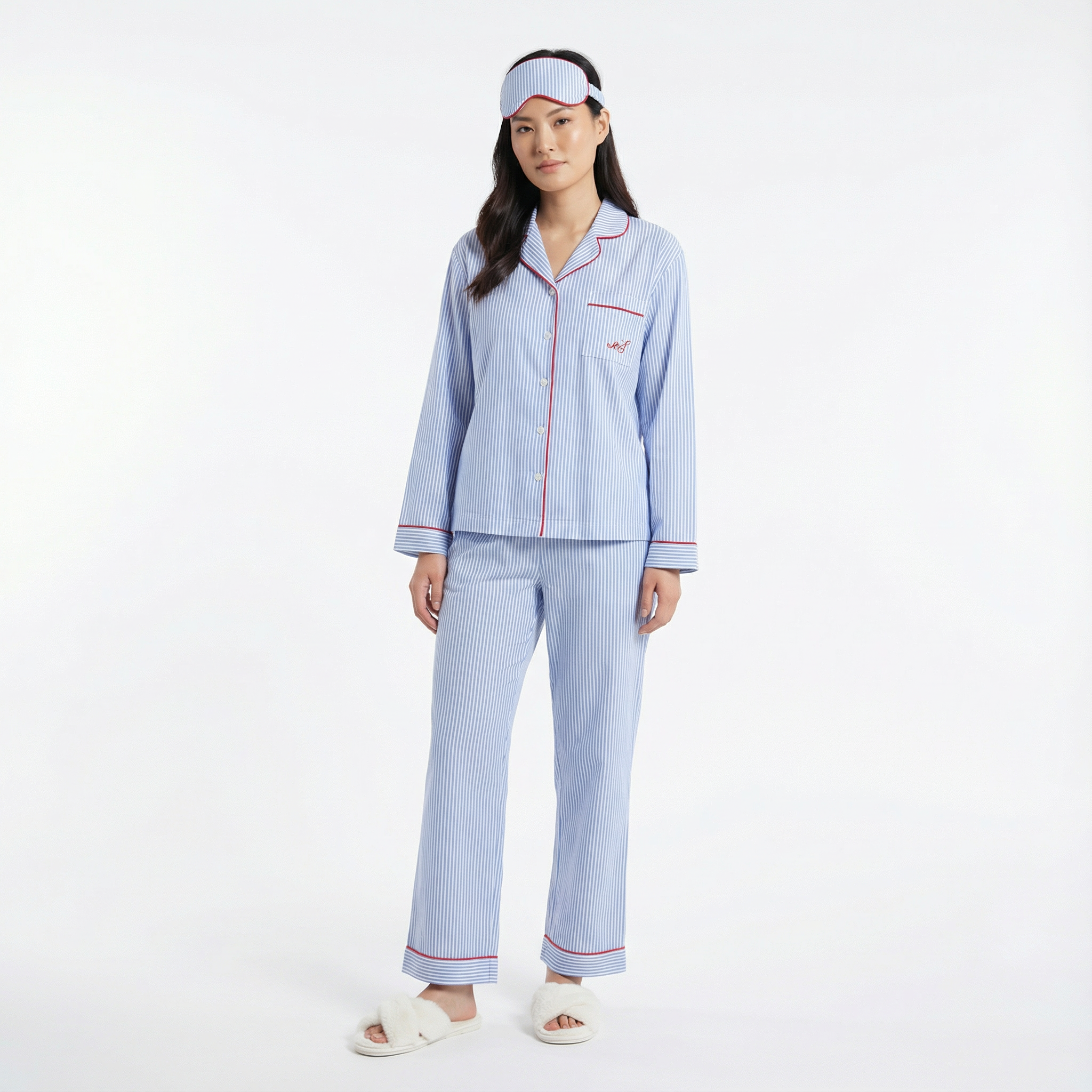 Blue Striped Cotton Long Sleeve Pyjama Set
