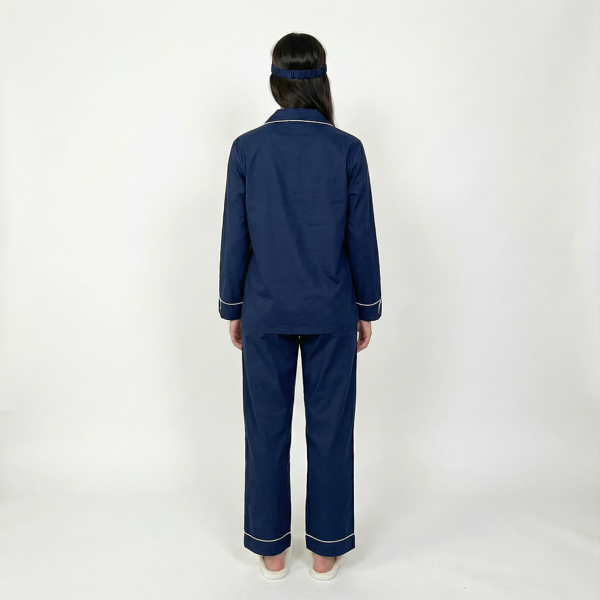 Blue Cotton Sateen Long Sleeve Pyjama Set