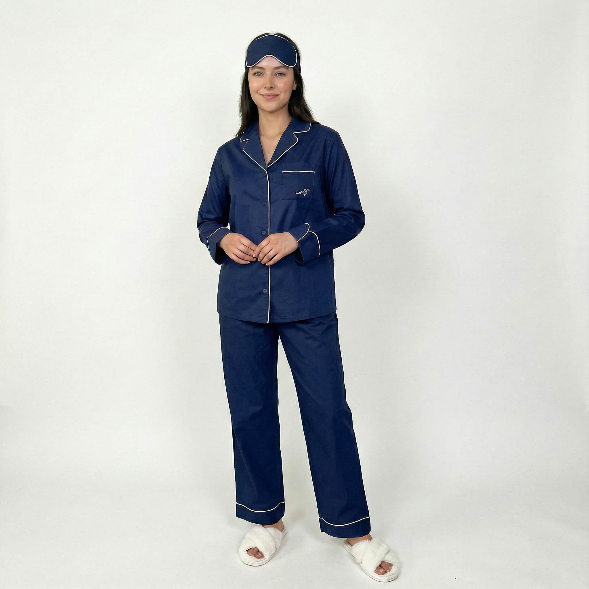 Blue Cotton Sateen Long Sleeve Pyjama Set