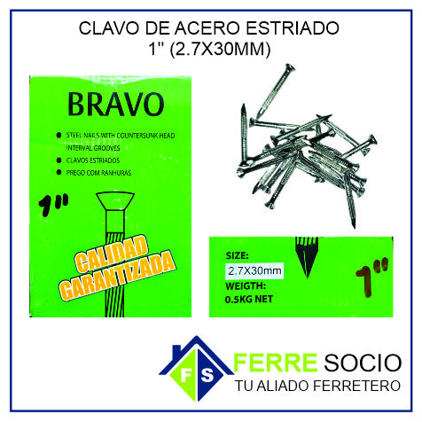 CLAVO DE ACERO ESTRIADO 1 (2.7X30MM) POR UNIDAD